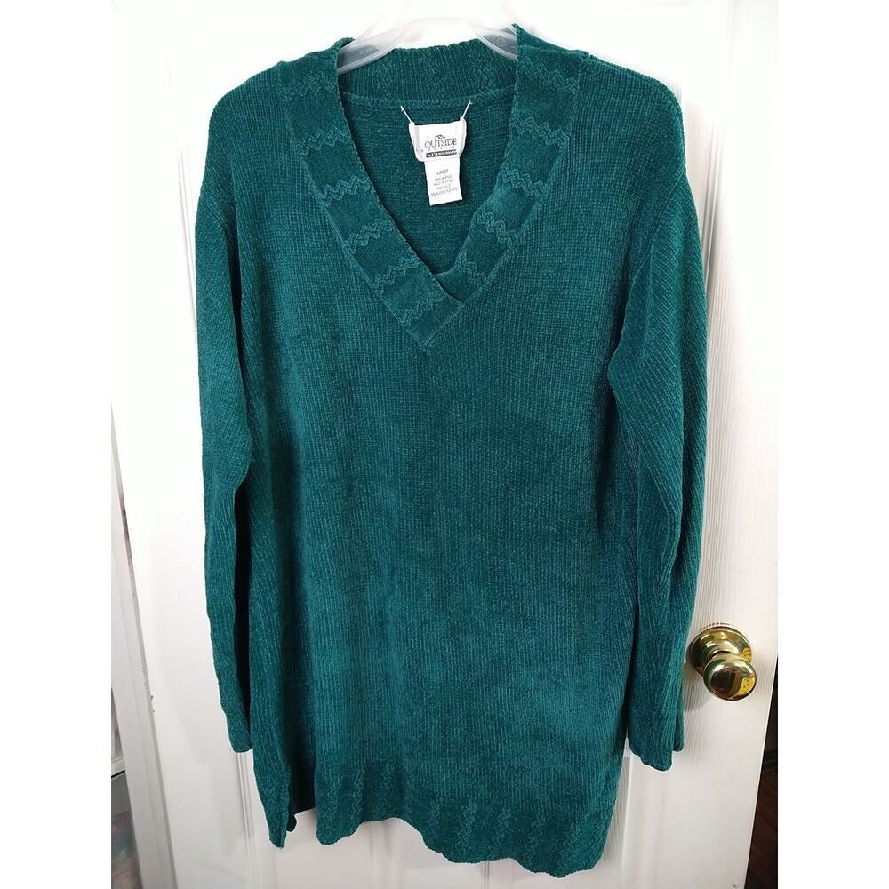 Outside Additions Woman L Sweater Kelly Green V Neck Tunic Side Slit